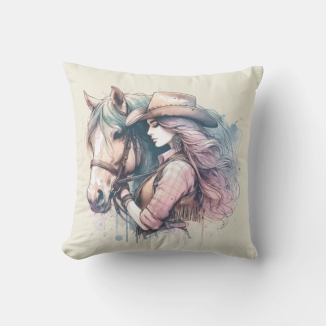 Cowgirl en paardenpastel Waterverf Kussen (Voorkant)