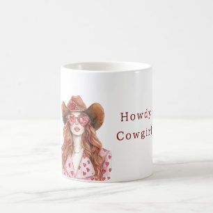Cowgirl Hoed Rode Haar Roze Harten Zon Bril Koffiemok