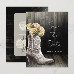 Cowgirl kant leren laarzen & witte bloemen save th aankondigingskaart
