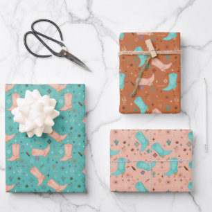Cowgirl Laarzen Blauw Roze Klei 3-Vel Set Cadeaupa Inpakpapier Vel
