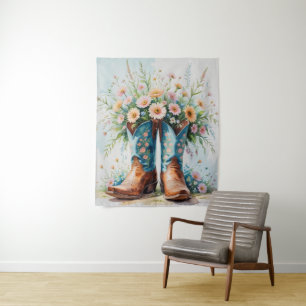 Cowgirl laarzen en bloemen wandtapijt   muurkunst wandkleed