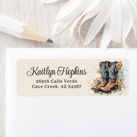 Cowgirl laarzen met bloemen retour adreslabels etiket (Insitu)