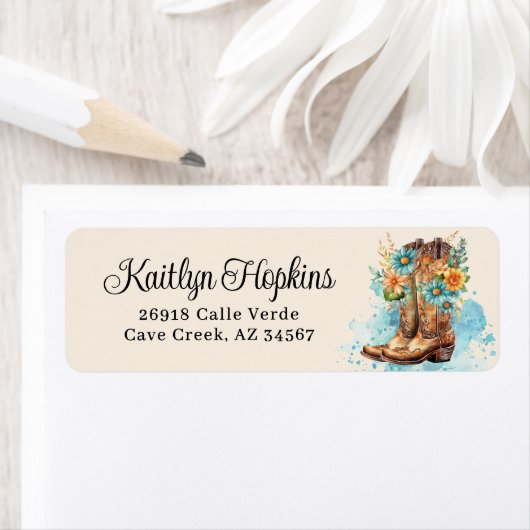 Cowgirl laarzen met bloemen retour adreslabels etiket (Insitu)