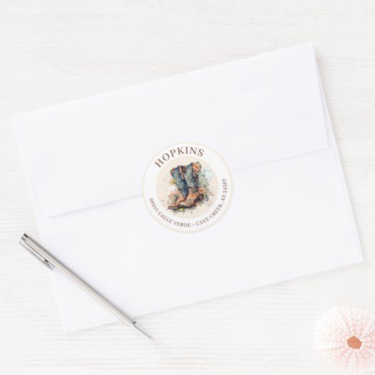 Cowgirl laarzen met bloemen retour adreslabels ronde sticker (Envelop)