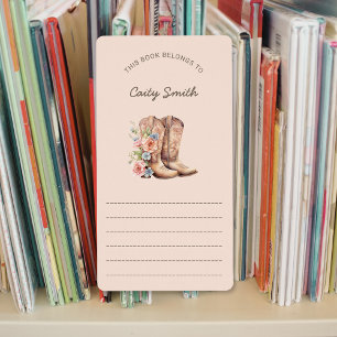 Cowgirl Laarzen roze bloemen bibliotheek boekplate Etiket