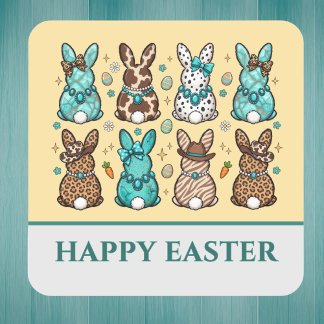 Cowgirl Leopard Print Blue Brown Easter Bunnies Vierkante Sticker