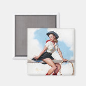 Cowgirl op Fence Pin Up Magneet (Voorkant / Achterkant)