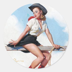 Cowgirl op Fence Pin Up Ronde Sticker