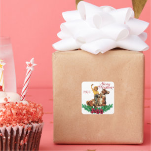 cowgirl op paard vrolijke kerstservetten vierkante sticker