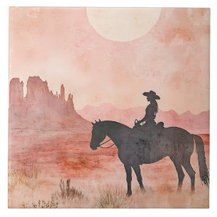 Cowgirl op Paard Zuidwestelijke Zonsondergang Scen Tegeltje