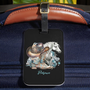 Cowgirl paard cowboylaarzen pet bloemig western bagagelabel