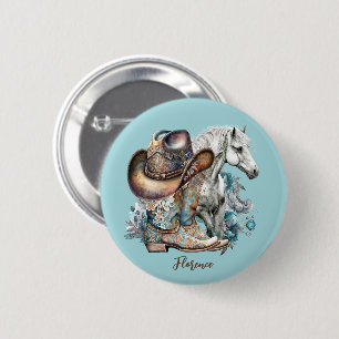 Cowgirl paard cowboylaarzen pet bloemig western ronde button 5,7 cm