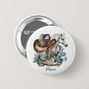 Cowgirl paard cowboylaarzen pet bloemig western ronde button 5,7 cm