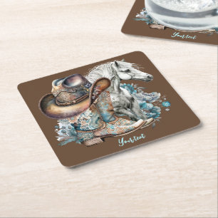 Cowgirl paard cowboylaarzen pet bloemig western vierkante kartonnen onderzetter