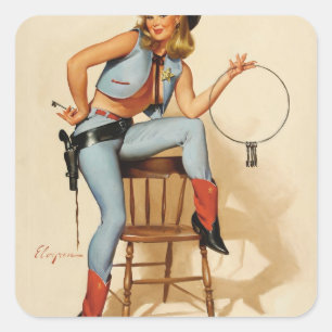 Cowgirl Pin-up Meisje Vierkante Sticker