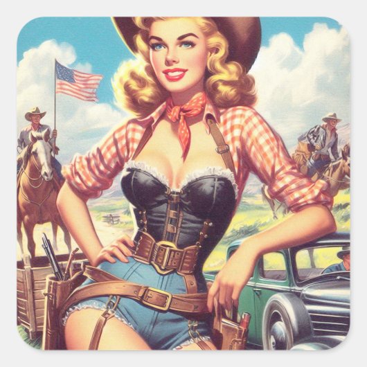 Cowgirl Pin Up Vierkante Sticker (Voorkant)