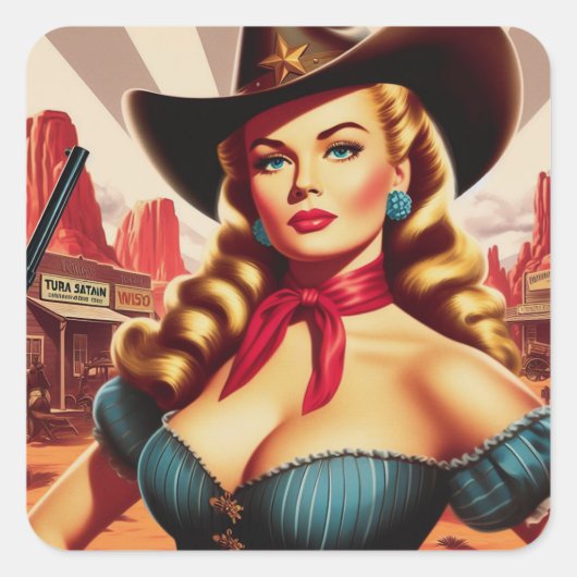 Cowgirl Pin-up Vierkante Sticker (Voorkant)
