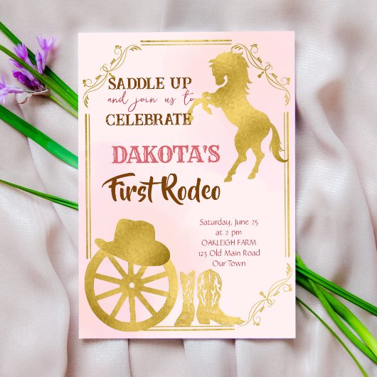 Cowgirl premier rodéo rose et or invitation d'anni
