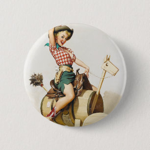 Cowgirl Riding Pin up Ronde Button 5,7 Cm