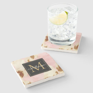 Cowgirl Roze Cream Bruin Koeienhuid Goud Monogram Stenen Onderzetter