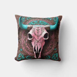 Cowgirl Roze Turquoise Westerne Country Bull SKull Kussen