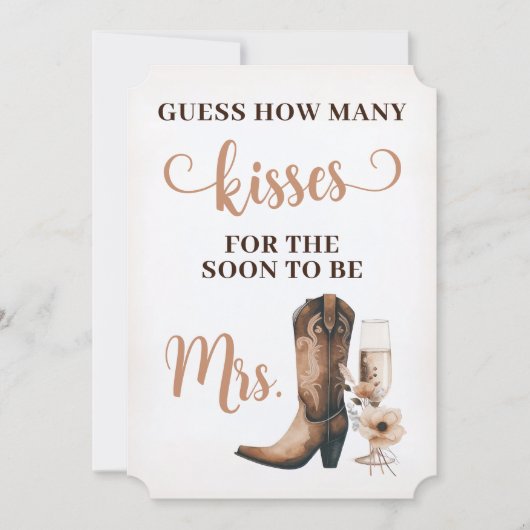 Cowgirl Rustic Vrijgezellenfeest Kisses Sign Game  Kaart (Voorkant)