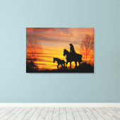 Cowgirl Sunset Horseback Ride Canvas print (Insitu (Houten vloer))