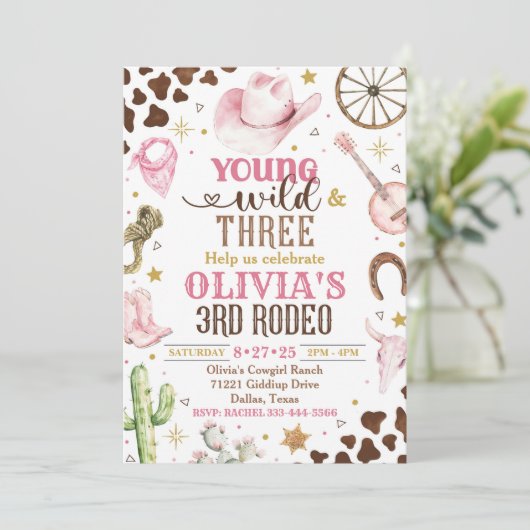 Cowgirl Uitnodiging, Jonge Wild & Drie, 3e Rodeo Kaart (Staand voorkant)