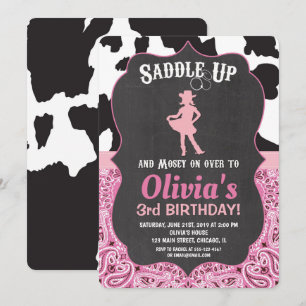 Cowgirl verjaardagsuitnodiging bandana koe print kaart