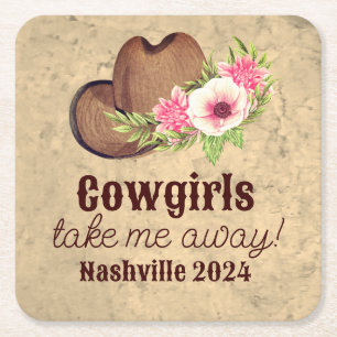 Cowgirl vrijgezellenfeest Favor Ruige Roze Bloemen Vierkante Kartonnen Onderzetter