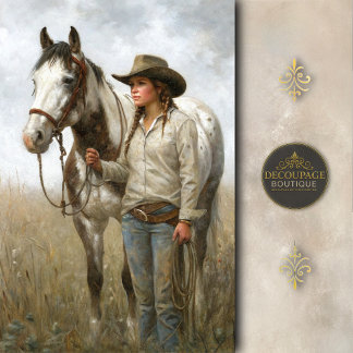 Cowgirl With Spotted Horse In Field Decoupage Tissuepapier