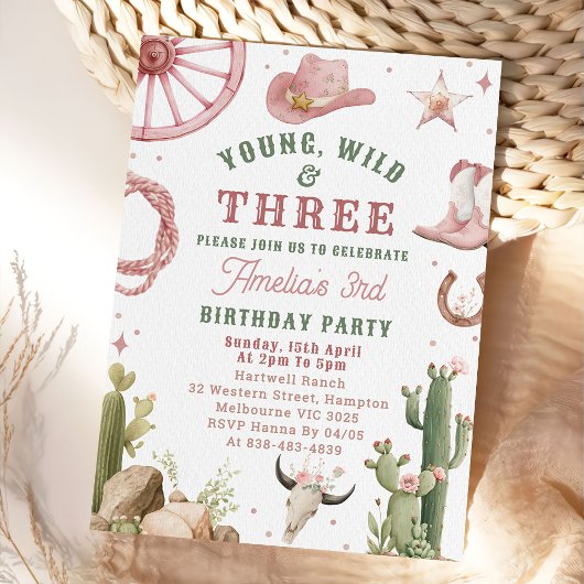 Cowgirl Young Wild & Three Birthday Invitation