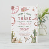 Cowgirl Young Wild & Three Birthday Invitation (Debout devant)