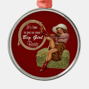Cowgirl zette je grote laarzen aan metalen ornament