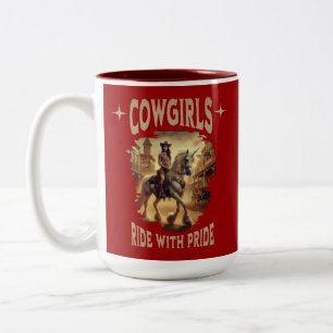Cowgirls rijden met trots op een eenhoorn tweekleurige koffiemok