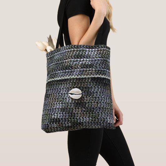 Cowrie Shell Grijs Textuur Artisan haakprint Tote Bag (Dichtbij)