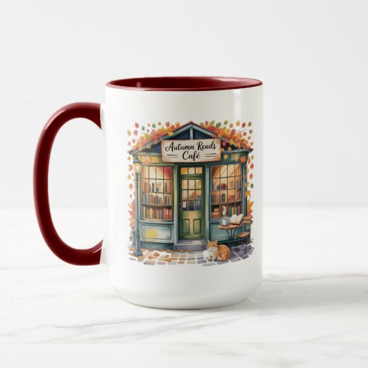 Cozy Autumn Book Café Mug — Open Book & Lantern (Gauche)