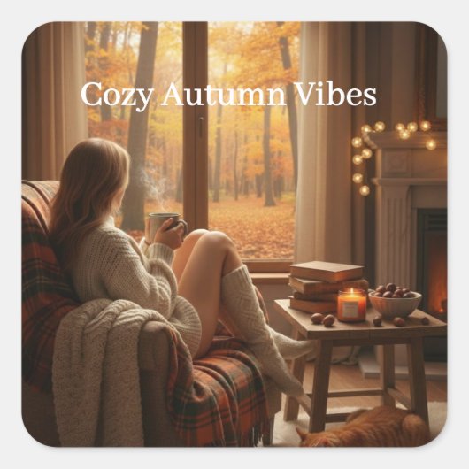Cozy Autumn Vibes | Personalized Fall Cabin Window Vierkante Sticker (Voorkant)