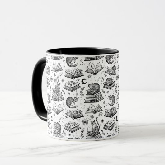 Cozy Black and White Cat on Books Pattern Mug Mok (Voorkant links)