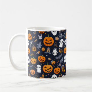 Cozy Black Background Ghost & Pumpkin All-Over Pat Koffiemok
