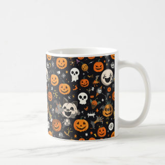 Cozy Black Background Ghost & Pumpkin All-Over Pat Koffiemok