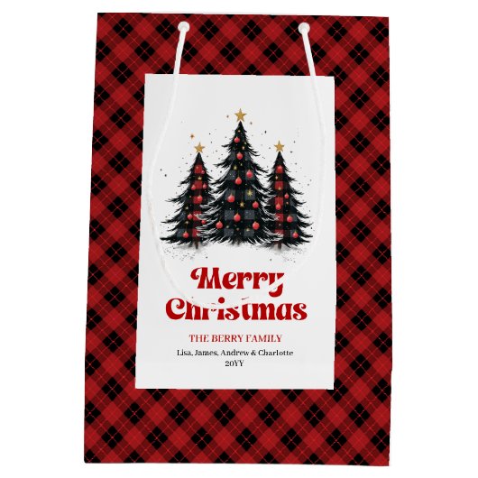 Cozy buffalo plaid Christmas bag with custom name Medium Cadeauzakje (Achterkant)