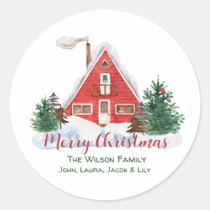 Cozy Cabin Red Cardinaal Green Pine Gnoome Ronde Sticker