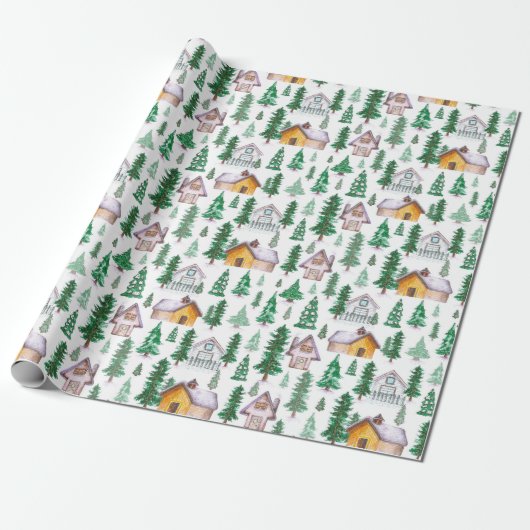Cozy Cabins in Pine Forest Waterverf Pattern Cadeaupapier (Uitgerold)