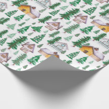 Cozy Cabins in Pine Forest Waterverf Pattern