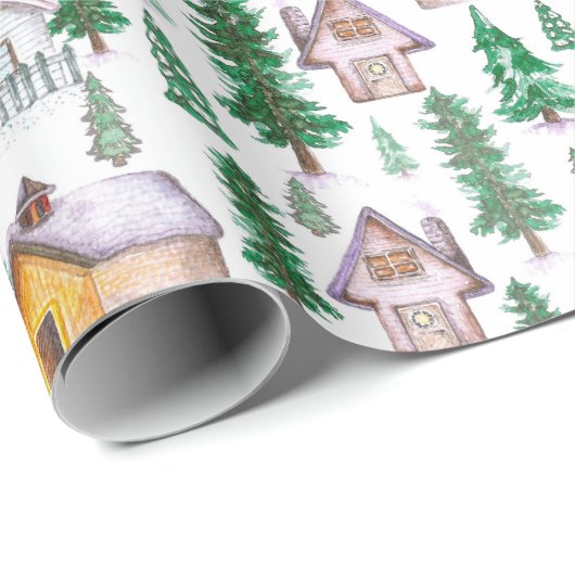 Cozy Cabins in Pine Forest Waterverf Pattern Cadeaupapier (Rol Hoek)