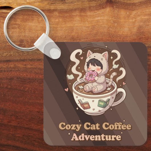 Cozy Cat Coffee Adventure Art Sleutelhanger (Voorkant)