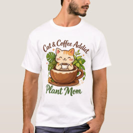 Cozy Cat Coffee and Plants Artwork T-shirt