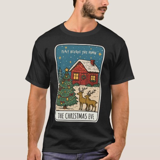 Cozy Christmas Eve Scene Cabin, Reindeer & Tree T-shirt (Voorkant)