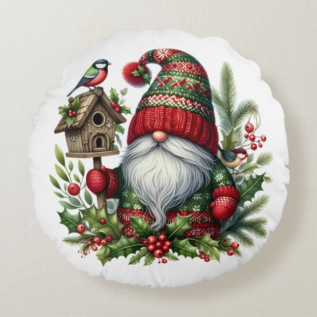 Cozy Christmas Gnome Art – Festive Holiday Rond Kussen (Voorkant)